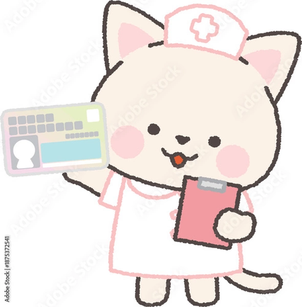 Obraz マイナンバーカードを持った白ネコの看護師