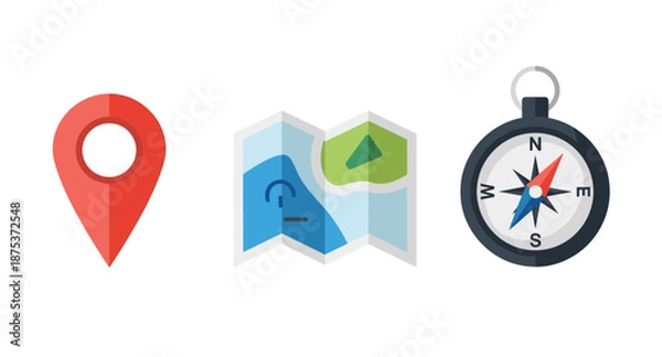 Obraz Navigation icons: map pin, folded map, and compass on a white background