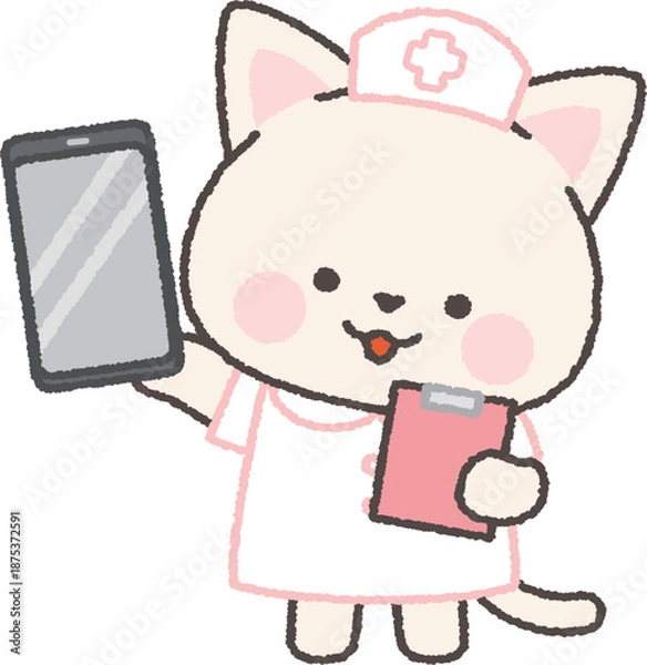 Obraz スマホを持った白ネコの看護師