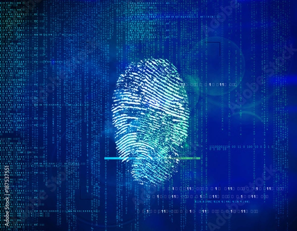 Fototapeta Abstract blue future background binary code and fingerprints