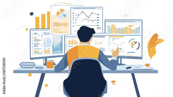 Obraz Man Analyzing Data on Multiple Computer Screens.