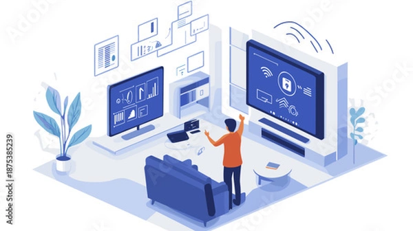 Obraz Man Interacting with Multiple Computer Screens.