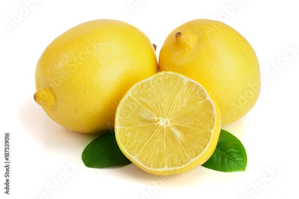 Fototapeta lemon and half with leaf isolated on white background