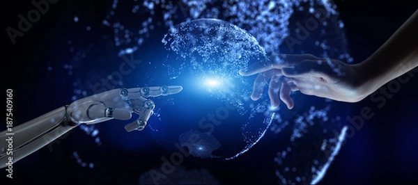 Obraz Human and Robotic Hand Interaction Representing Global Digital Connectivity and Artificial Intelligence 3d render.