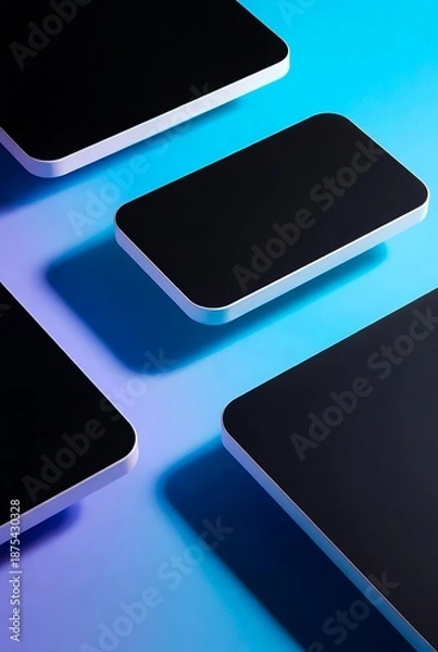 Fototapeta 青と紫のグラデーション背景に浮遊するスマートフォン画面の3Dモックアップ