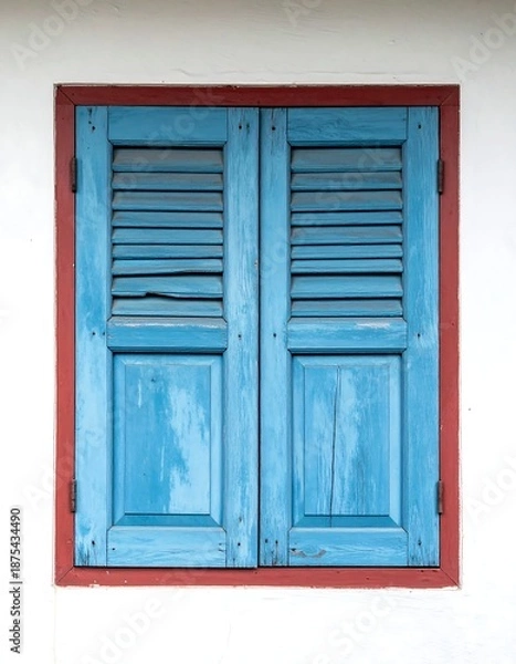 Obraz Rustic Blue Window with Red Frame on White Wall.