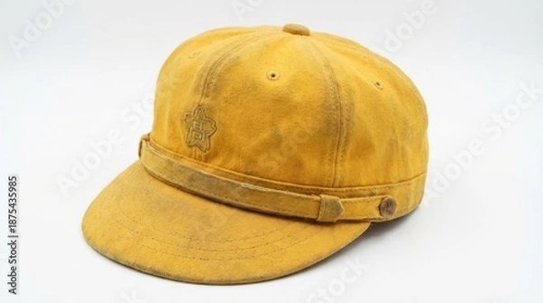 Obraz 昭和レトロな黄色い通学帽と校章の刺繍が入った懐かしい帽子 generative ai
