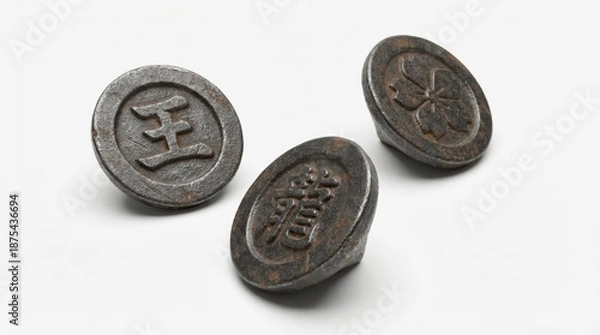 Obraz 昭和レトロなベーゴマと漢字が刻印された鋳物の懐かしい独楽 generative ai