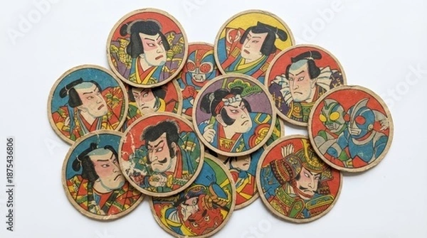 Obraz 昭和レトロな面子（めんこ）と武者やヒーローのカラフルなイラスト generative ai