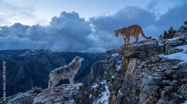 Obraz Gray Wolf vs Mountain Lion, Winter Mountains Confrontation