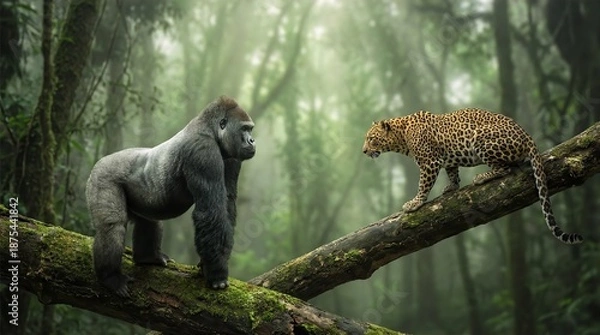 Obraz Gorilla and Leopard Rainforest Confrontation, Primal Encounter