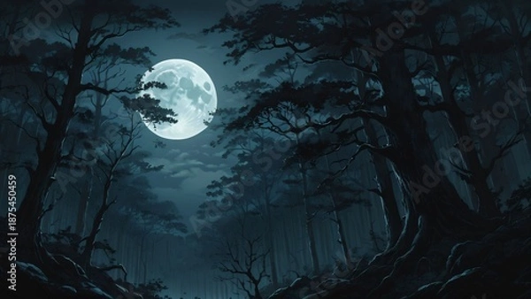 Fototapeta Full Moon Over Dark Pine Forest