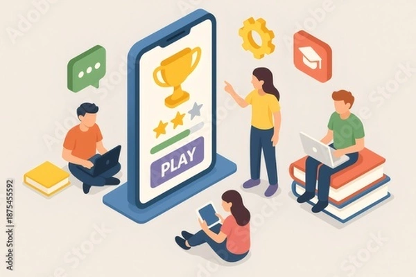 Fototapeta Students engaging with a mobile gamified learning application, using laptops and tablets for interactive digital education and skill development