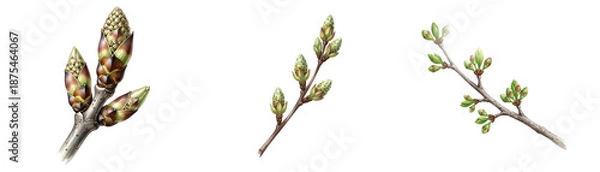 Obraz Three branches with budding leaves on transparent background