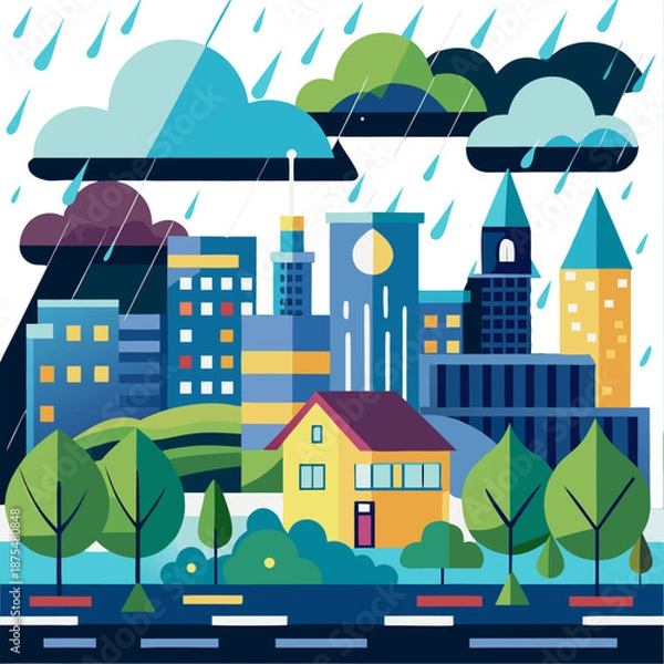 Obraz raining in a city area