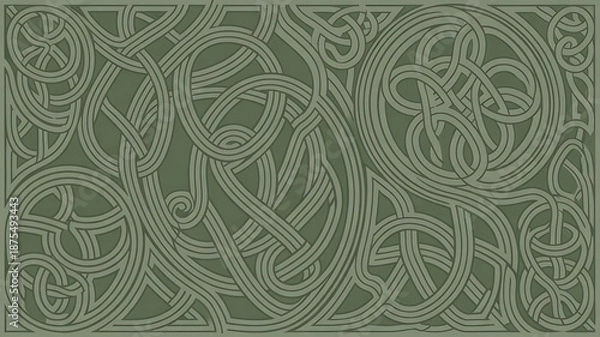 Obraz Intricate Green Celtic Knotwork Background with Complex Overlapping Woven Lines.