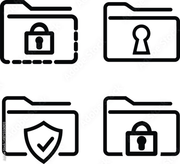 Obraz Protected files secure folder icons minimal flat black vector set collection