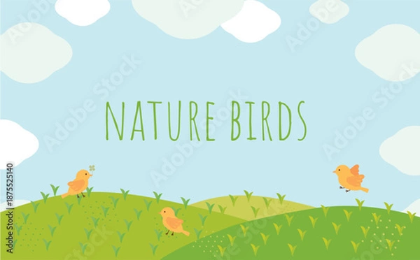 Obraz 自然の中で遊ぶかわいい鳥たちの背景イラスト