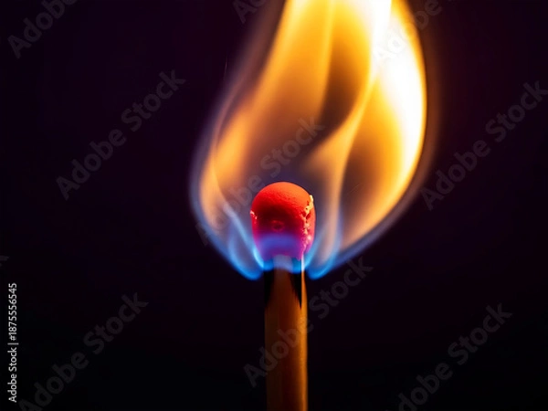Obraz Burning matchstick with flame on dark background