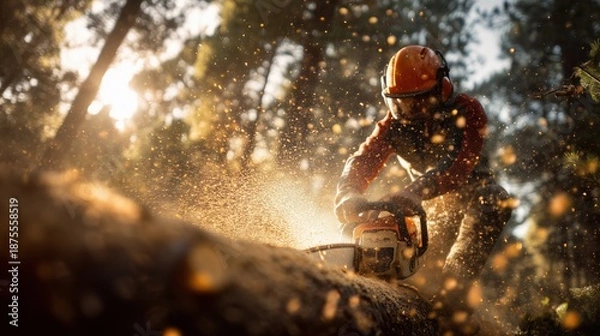 Obraz Lumberjack felling tree with chainsaw
