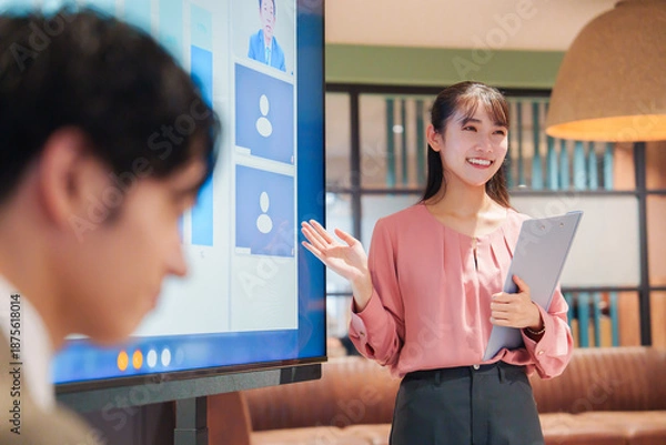 Obraz モダンオフィスでプレゼンをする若い女性