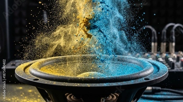 Obraz Speaker vibrating with colorful powder explosion