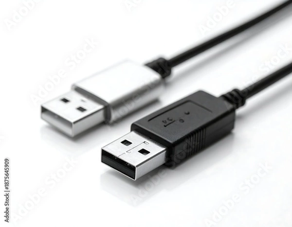 Fototapeta Two USB Cables on a White Surface.
