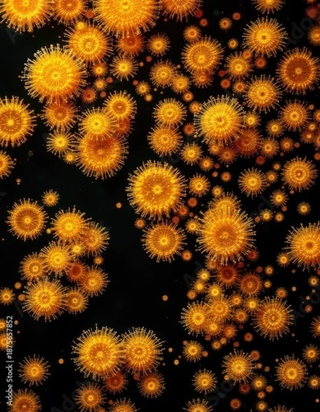 Obraz Golden, circular organisms on dark background