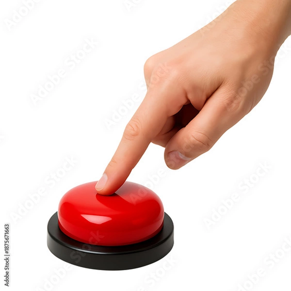Obraz Finger pressing red button isolated on transparent background