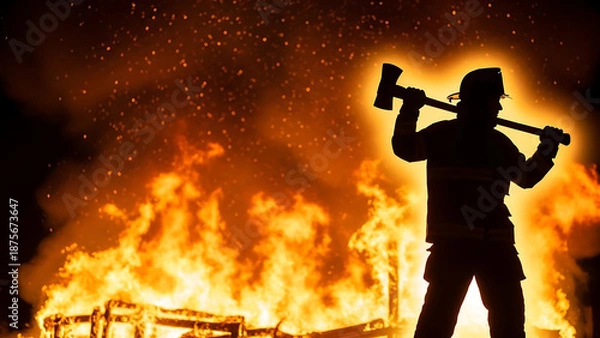 Obraz Firefighter holding axe while silhouetted against raging flames  