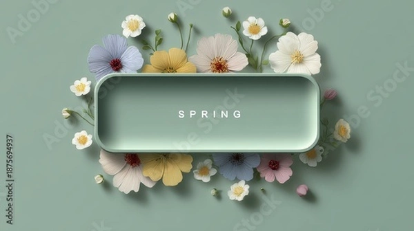 Obraz beautiful spring flowers around rectangle, text "SPRING" inside the rectangle, top view 
