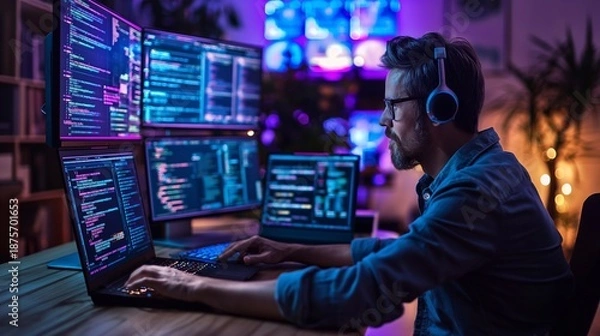 Obraz Hacker work on a laptop with multiple screens displaying code and security systems