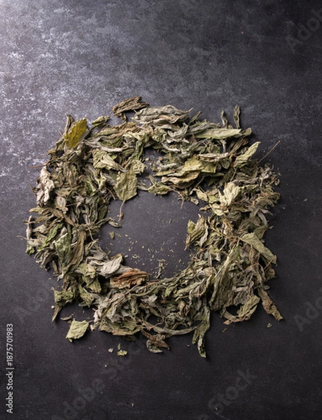 Obraz Dried mint leaves on black background, copy space