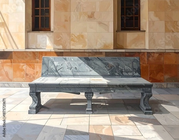 Obraz Marbled bench, ornate stone facade backdrop, two window openings, light and shadows