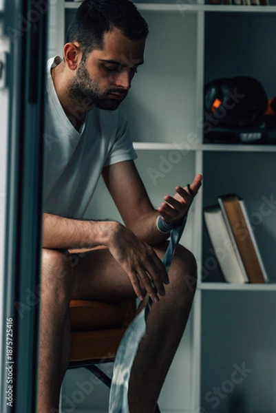 Obraz boxer putting on a boxing hand wrap
