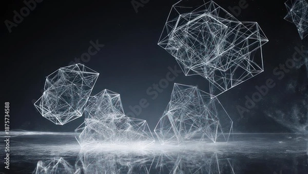 Obraz Abstract, geometric, glowing, interconnected structures float against a dark, reflective background