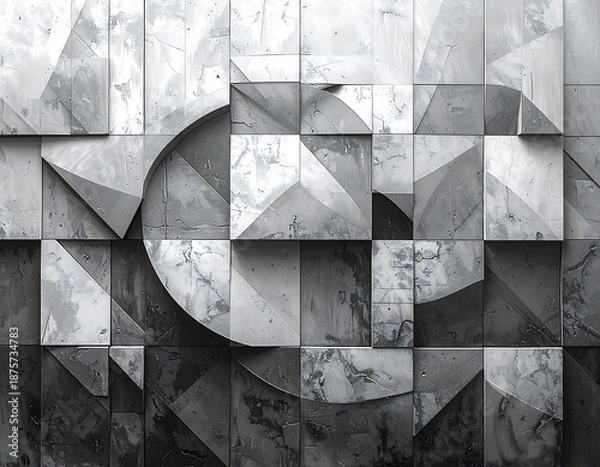 Obraz Geometric tile design in grayscale with square, triangular, and curved shapes, creating an abstract pattern
