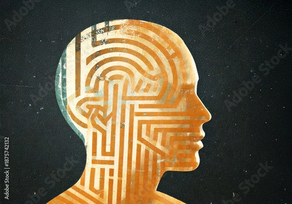 Fototapeta Brain silhouette with labyrinth pathways representing thinking process