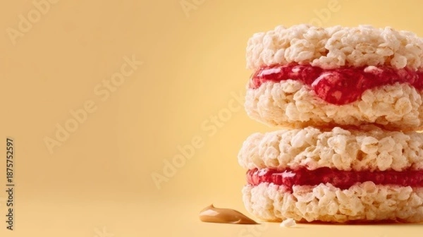 Obraz Rice Cake Stack with Raspberry Swirl on Pale Yellow Background