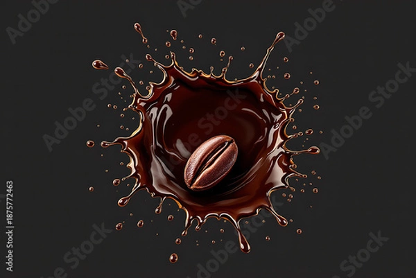 Obraz Single roasted coffee bean falling into dark chocolate liquid creating a dramatic splash