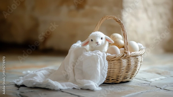 Obraz Stuffed Lamb in Basket with Easter Eggs and White Cloth