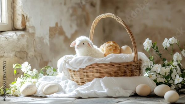 Obraz Traditional Easter Basket Plush Lamb Bread Eggs Flowers