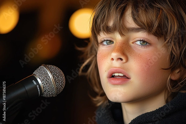 Obraz Young boy holding a microphone.