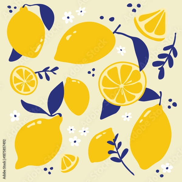 Fototapeta Cute yellow vector lemon illustartion pattern 