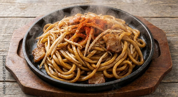 Obraz 熱々湯気の立つ浪江焼そば 鉄板で味わう福島のご当地グルメ