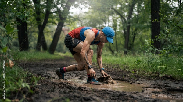 Obraz Trail runner bends down to secure shoes in mud