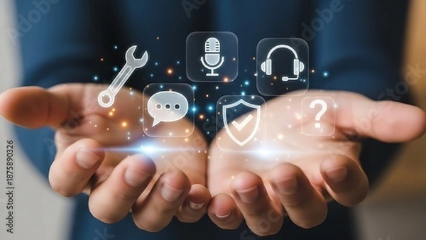 Obraz Customer Support and Technical Assistance Icons Hovering Over Open Hands.