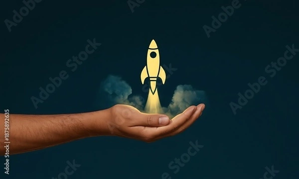 Obraz Hand launching a small rocket ship.
