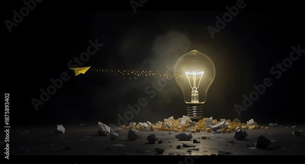 Obraz Bright lightbulb shines amidst dark rubble.