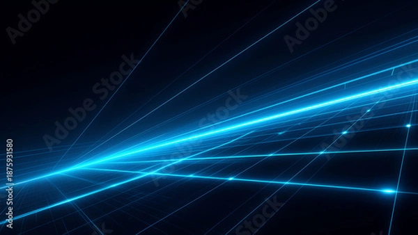 Obraz 遠近感のある青いグリッドの地平線とデジタル空間の抽象背景